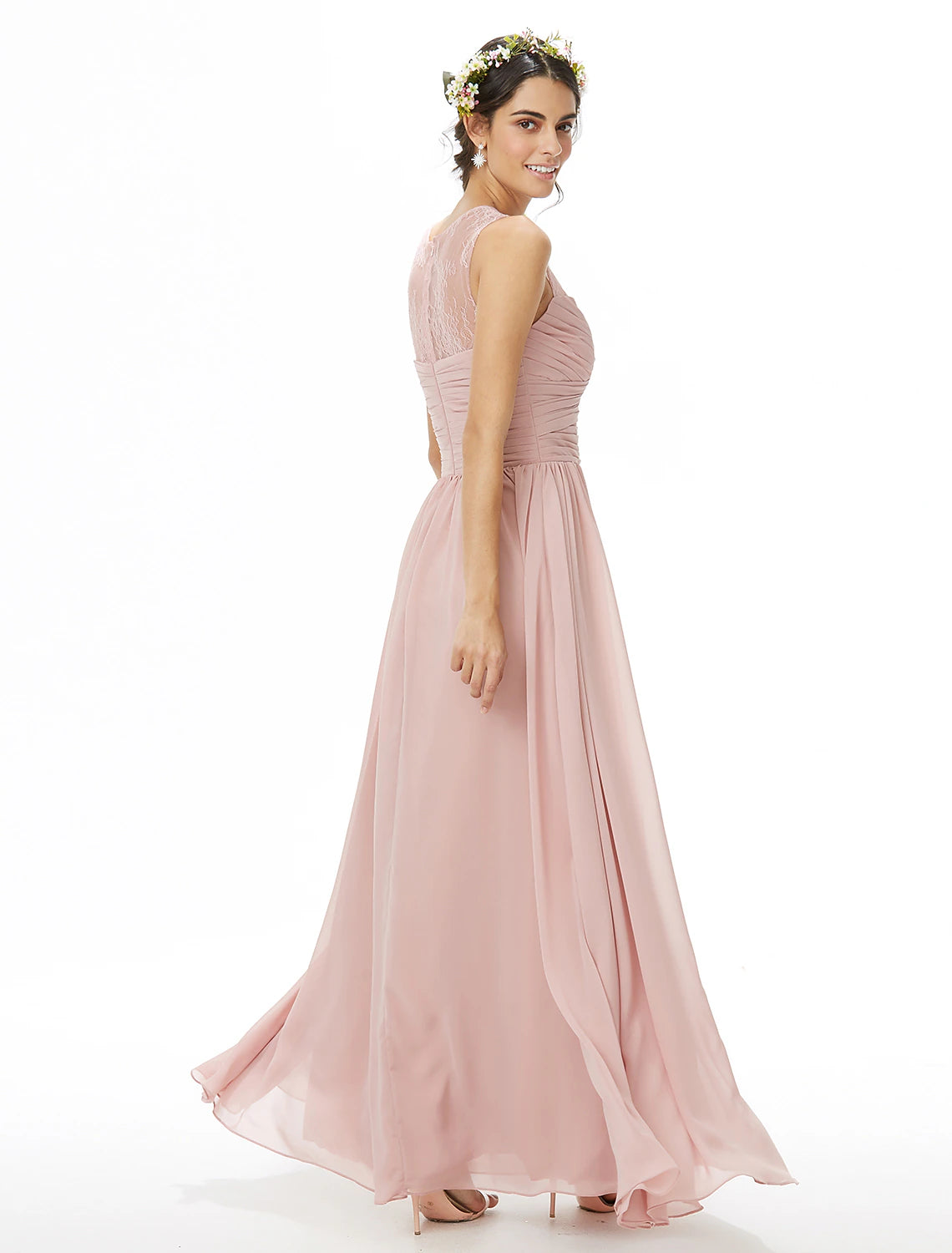 Wholesale A-Line Bridesmaid Dress Jewel Neck Sleeveless See Through Floor Length Chiffon / Lace with Lace / Criss Cross / Pleats
